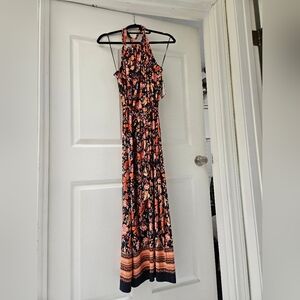 Floral Halter Maxi Dress - Orange and Navy Blue